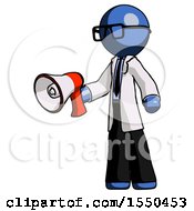 Poster, Art Print Of Blue Doctor Scientist Man Holding Megaphone Bullhorn Facing Right