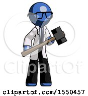 Poster, Art Print Of Blue Doctor Scientist Man With Sledgehammer Standing Ready To Work Or Defend