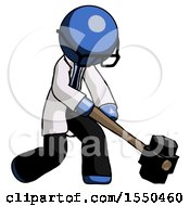 Poster, Art Print Of Blue Doctor Scientist Man Hitting With Sledgehammer Or Smashing Something At Angle