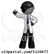 Black Doctor Scientist Man Waving Right Arm With Hand On Hip