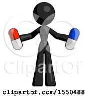 Black Design Mascot Woman Holding A Red Pill And Blue Pill