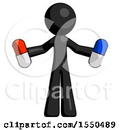 Black Design Mascot Man Holding A Red Pill And Blue Pill