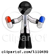 Black Doctor Scientist Man Holding A Red Pill And Blue Pill