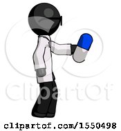 Black Doctor Scientist Man Holding Blue Pill Walking To Right