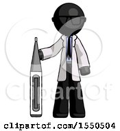 Black Doctor Scientist Man Standing With Large Thermometer