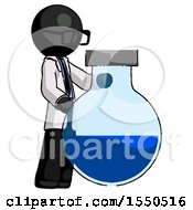 Black Doctor Scientist Man Standing Beside Large Round Flask Or Beaker