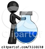 Black Design Mascot Woman Standing Beside Large Round Flask Or Beaker