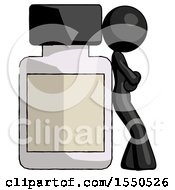 Black Design Mascot Woman Leaning Against Large Medicine Bottle