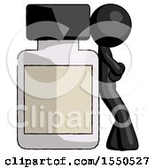Black Design Mascot Man Leaning Against Large Medicine Bottle