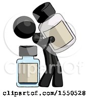 Black Design Mascot Woman Holding Large White Medicine Bottle With Bottle In Background