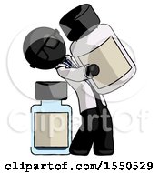 Black Doctor Scientist Man Holding Large White Medicine Bottle With Bottle In Background