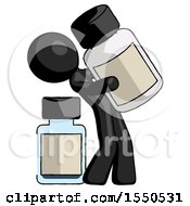 Black Design Mascot Man Holding Large White Medicine Bottle With Bottle In Background
