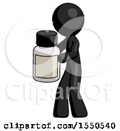 Black Design Mascot Man Holding White Medicine Bottle