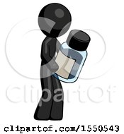 Black Design Mascot Man Holding Glass Medicine Bottle