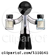 Black Doctor Scientist Man Holding Two Medicine Bottles
