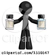 Black Design Mascot Man Holding Two Medicine Bottles