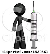 Black Design Mascot Woman Holding Large Syringe