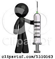 Black Design Mascot Man Holding Large Syringe