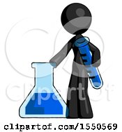 Black Design Mascot Woman Holding Test Tube Beside Beaker Or Flask