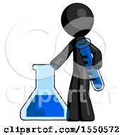 Black Design Mascot Man Holding Test Tube Beside Beaker Or Flask