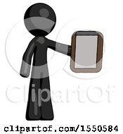 Black Design Mascot Man Showing Clipboard To Viewer