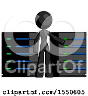 Black Design Mascot Woman With Server Racks In Front Of Two Networked Systems