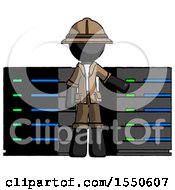 Poster, Art Print Of Black Explorer Ranger Man With Server Racks In Front Of Two Networked Systems