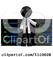 Poster, Art Print Of Black Doctor Scientist Man With Server Racks In Front Of Two Networked Systems
