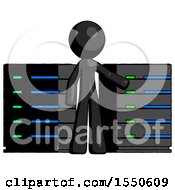 Poster, Art Print Of Black Design Mascot Man With Server Racks In Front Of Two Networked Systems