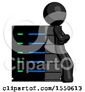 Poster, Art Print Of Black Design Mascot Man Resting Against Server Rack Viewed At Angle