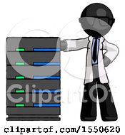 Black Doctor Scientist Man With Server Rack Leaning Confidently Against It
