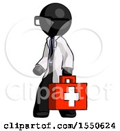 Black Doctor Scientist Man Walking With Medical Aid Briefcase To Left