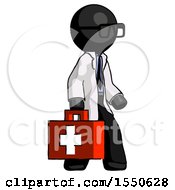 Black Doctor Scientist Man Walking With Medical Aid Briefcase To Right