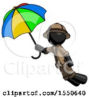 Black Explorer Ranger Man Flying With Rainbow Colored Umbrella