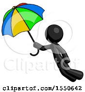 Poster, Art Print Of Black Design Mascot Man Flying With Rainbow Colored Umbrella