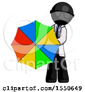 Black Doctor Scientist Man Holding Rainbow Umbrella Out To Viewer