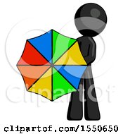 Poster, Art Print Of Black Design Mascot Man Holding Rainbow Umbrella Out To Viewer