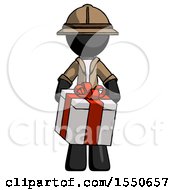 Poster, Art Print Of Black Explorer Ranger Man Gifting Present With Large Bow Front View