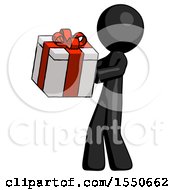 Black Design Mascot Man Presenting A Present With Large Red Bow On It