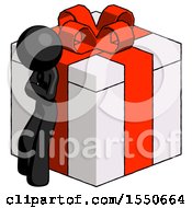 Black Design Mascot Woman Leaning On Gift With Red Bow Angle View
