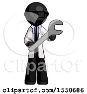 Black Doctor Scientist Man Holding Large Wrench With Both Hands