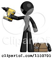 Black Design Mascot Woman Holding Drill Ready To Work Toolchest And Tools To Right