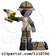 Poster, Art Print Of Black Explorer Ranger Man Holding Drill Ready To Work Toolchest And Tools To Right