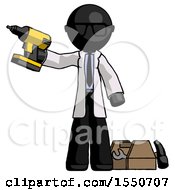 Poster, Art Print Of Black Doctor Scientist Man Holding Drill Ready To Work Toolchest And Tools To Right