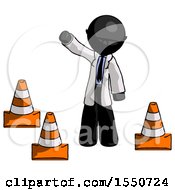 Poster, Art Print Of Black Doctor Scientist Man Standing By Traffic Cones Waving