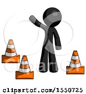 Poster, Art Print Of Black Design Mascot Man Standing By Traffic Cones Waving