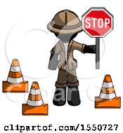 Poster, Art Print Of Black Explorer Ranger Man Holding Stop Sign By Traffic Cones Under Construction Concept