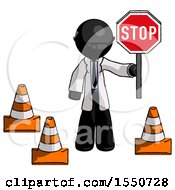 Poster, Art Print Of Black Doctor Scientist Man Holding Stop Sign By Traffic Cones Under Construction Concept