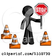 Poster, Art Print Of Black Design Mascot Man Holding Stop Sign By Traffic Cones Under Construction Concept