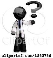 Black Doctor Scientist Man Holding Question Mark To Right